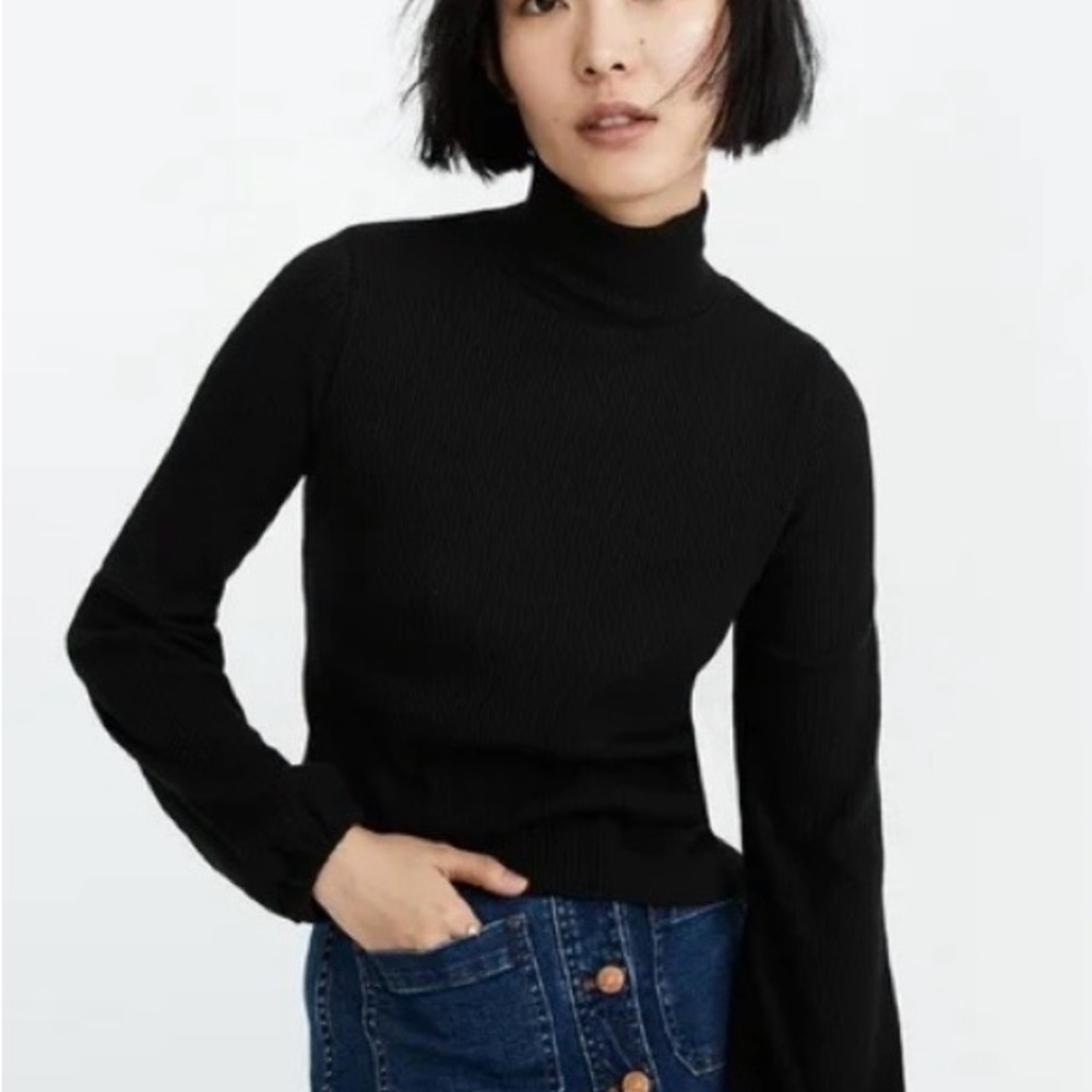 Madewell Ribbed Long Sleeve Top with Flair Sleeve and Ruffle Detail